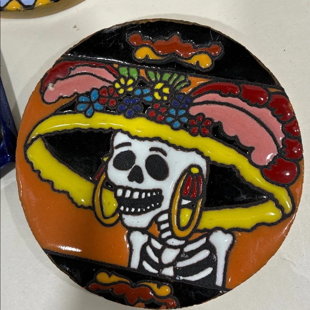 Mexican Wall Decor Ceramic Plaque PLUS 2 Coasters Very Colorful Day of the Dead